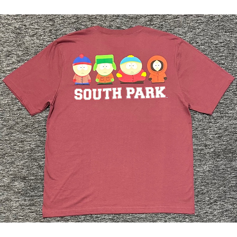 South Park Graphic T-Shirt Mens Large Maroon Stan Kyle Cartman Kenny SP Logo